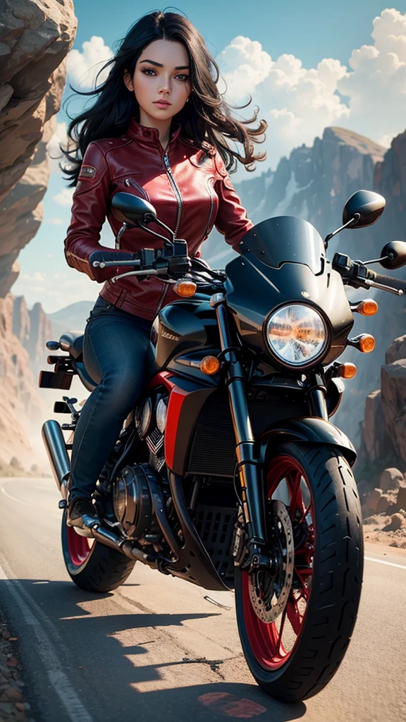 Woman, jet black hair, blue aquamarine eyes, on a red motorbike, on clifs, high quality, detailed, high definition, detailed face, detailed body
