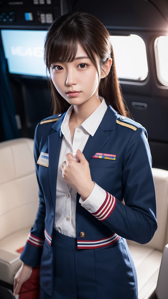 A beautiful young Japanese woman, around 20 years old, wearing a stewardess uniform, ultra-detailed, 8K resolution, highly realistic, cinematic lighting, best quality, masterpiece, photorealistic, physically-based rendering, extremely detailed, vivid colors, professional, sharp focus, studio lighting