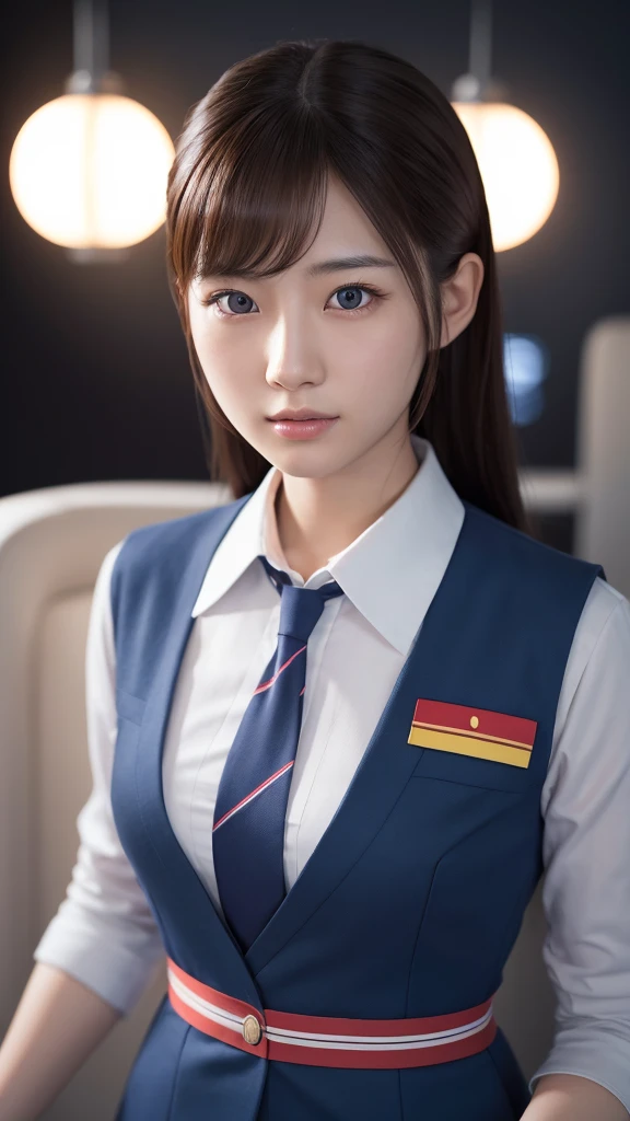 A beautiful young Japanese woman, around 20 years old, wearing a stewardess uniform, ultra-detailed, 8K resolution, highly realistic, cinematic lighting, best quality, masterpiece, photorealistic, physically-based rendering, extremely detailed, vivid colors, professional, sharp focus, studio lighting