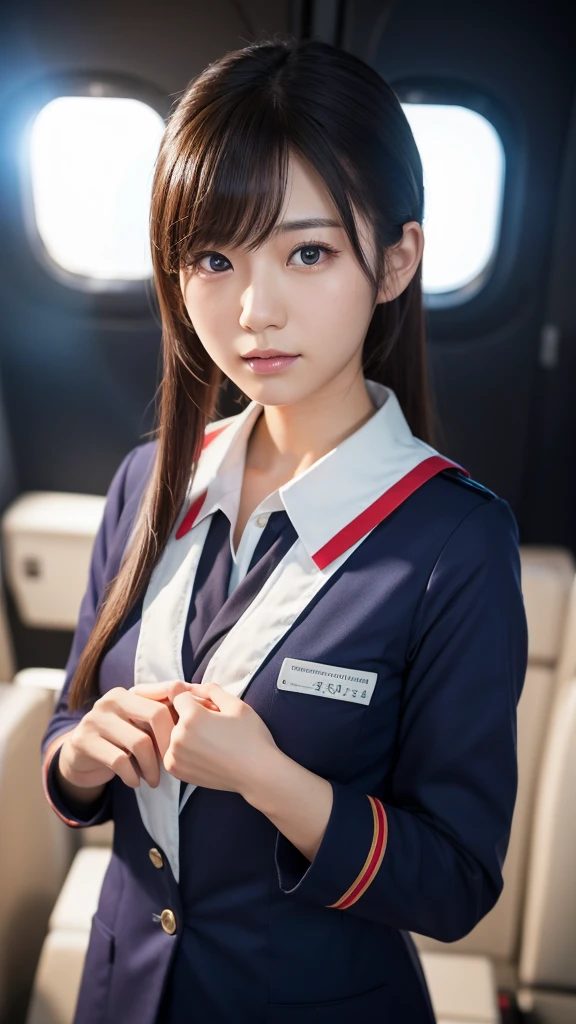A beautiful young Japanese woman, around 20 years old, wearing a stewardess uniform, ultra-detailed, 8K resolution, highly realistic, cinematic lighting, best quality, masterpiece, photorealistic, physically-based rendering, extremely detailed, vivid colors, professional, sharp focus, studio lighting