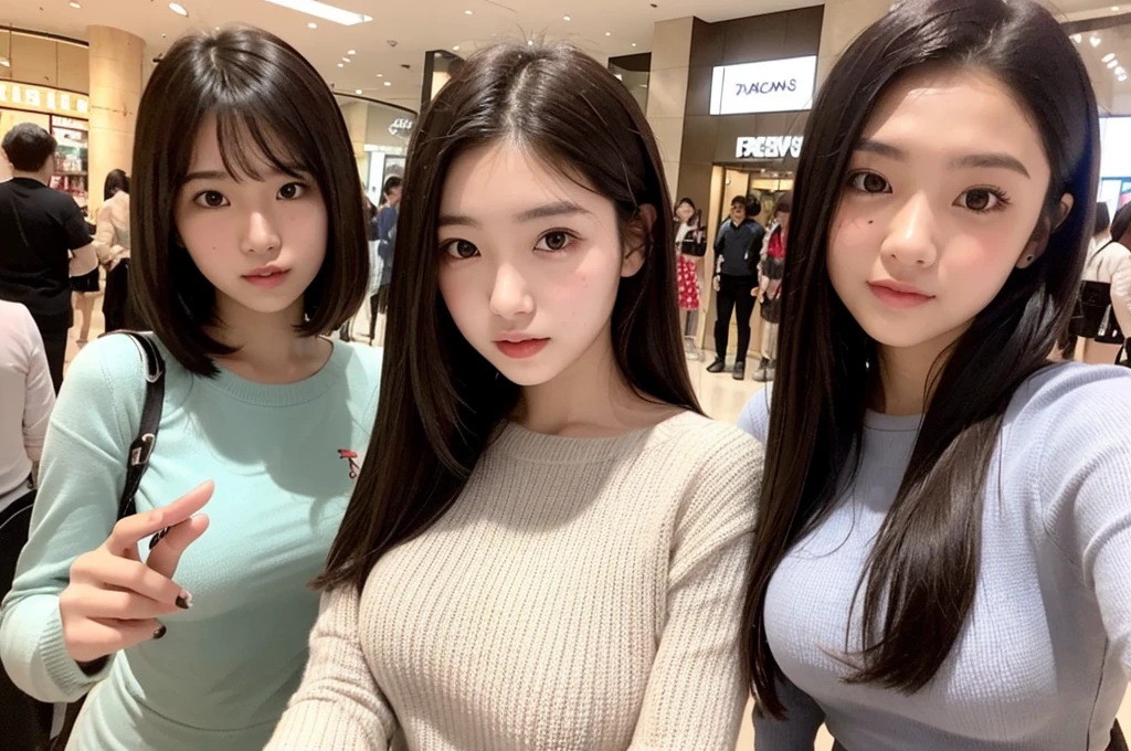 Indonesian girl -yeld  Hstyle Casual, F Cup Breasts  wearing  crewneck dress  and selfie with her friend at mall