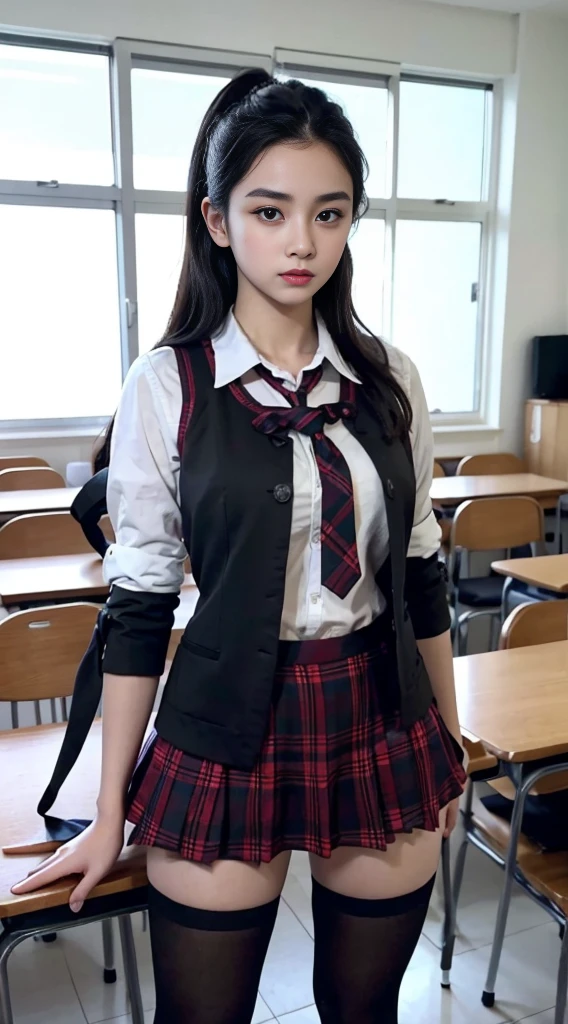 Highest quality、Highest quality、16K quality、Highly detailed figure、Highly detailed face、Highly detailed eyes、Highly detailed nose、Highly detailed facial expressions、Highly detailed full body、Being in reality、16-year-old girl、Introvert、main character、High 、White shirt、Uniform skirt、Close to the skin、Tight、High school student plaid skirt、16 year old girl's breasts、Full body photo、Are standing、Emphasizes the beauty of thigh muscles、Full body photo、black tights、School classroom、Front view