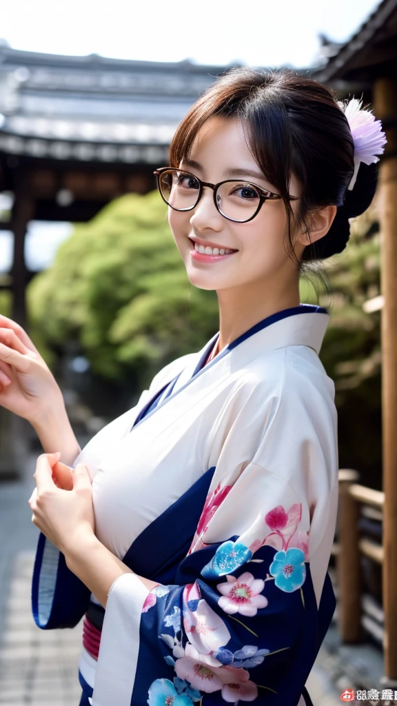 (Super beautiful woman in kimono)、((highest quality、8K masterpiece:1.3))、sharp focus:1.2、(super beautiful face:1.0)、(shiny skin:1.0)、realistic pictures、black hair、video lighting、High resolution eyes and face、video lighting、japanese actress、from the front、big breasts、with a happy smile、Slender abs beauty、whole body、wearing a kimono、in Kyoto、(((luxury obi)))、In Kyoto at night、wearing glasses with no edge、Brush your hair up with your fingers.