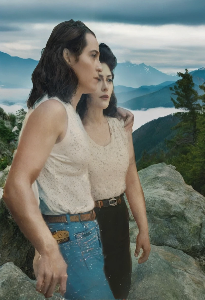 a man and a woman standing on top of a mountain with mountains in the background, on a mountain, with mountains as background, matte painting portrait shot, a mountain look like a women, a painting of two people, edited in photoshop, inspired by Robert Peak, looking at the mountains, novel cover art for a book, two mountains in background, still frame the retro twin peaks, twin peaks style, portrait of two people, double exposure of love, in a scenic background, hyperrealistic movie filmstill, in matte painting, portrait of edward and bella, digital art but photo, realistic old photograph