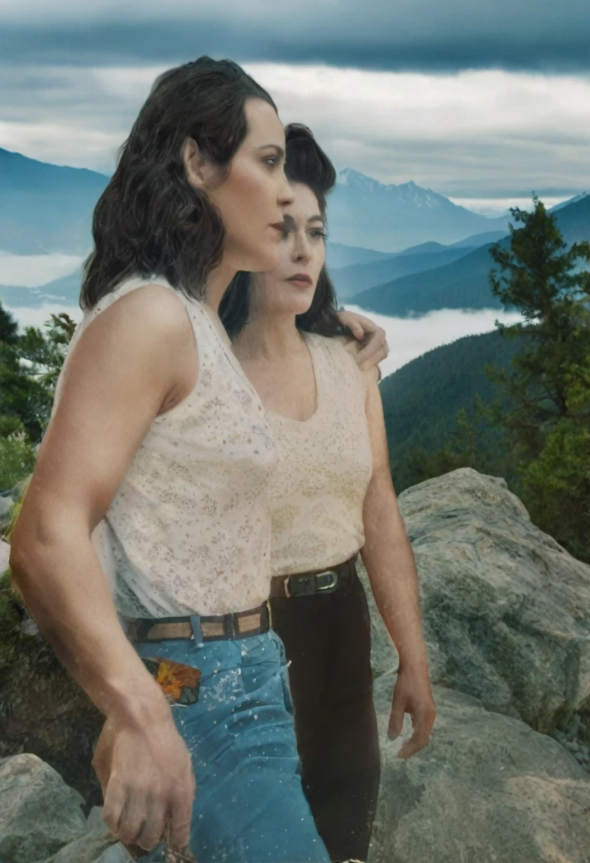 a man and a woman standing on top of a mountain with mountains in the background, on a mountain, with mountains as background, matte painting portrait shot, a mountain look like a women, a painting of two people, edited in photoshop, inspired by Robert Peak, looking at the mountains, novel cover art for a book, two mountains in background, still frame the retro twin peaks, twin peaks style, portrait of two people, double exposure of love, in a scenic background, hyperrealistic movie filmstill, in matte painting, portrait of edward and bella, digital art but photo, realistic old photograph