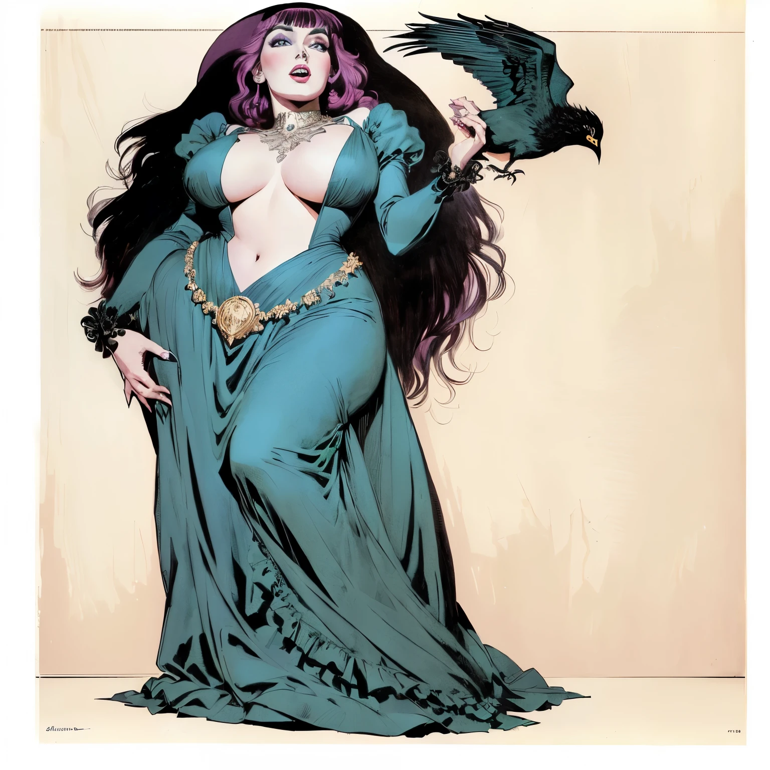 a drawing of a woman in a long dress holding a bird, Elvira com roupas esfarrapadas, Direction: John Byrne, por Brian Bolland, Marjorie Cameron, estilo milo manara, por Jim Steranko, inspirado em Alex Toth, john buscema, Direction: Al Williamson, the comic book sandman, Frank Franzetta, ( Arte Fitzpatrick )