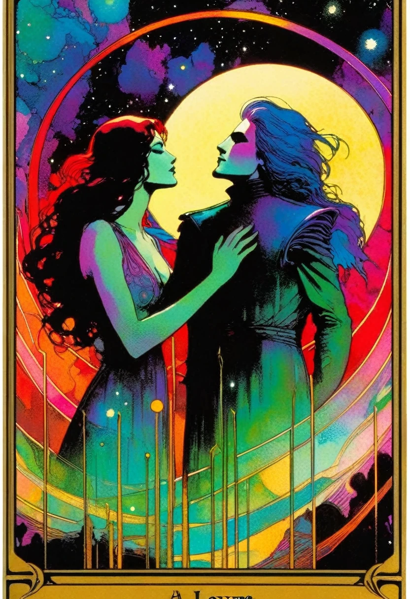 tarot card, a card, card : "THE LOVERS", tarot card frame,vivid colors (art inspired by Bill Sienkiewicz).