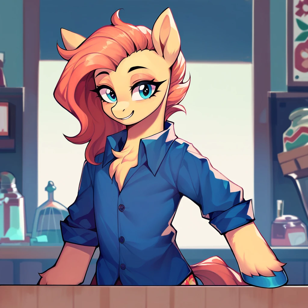 Shop owner, my little pony, nice mane, yellow fur, shelfs full if stuff to sell, no clothes