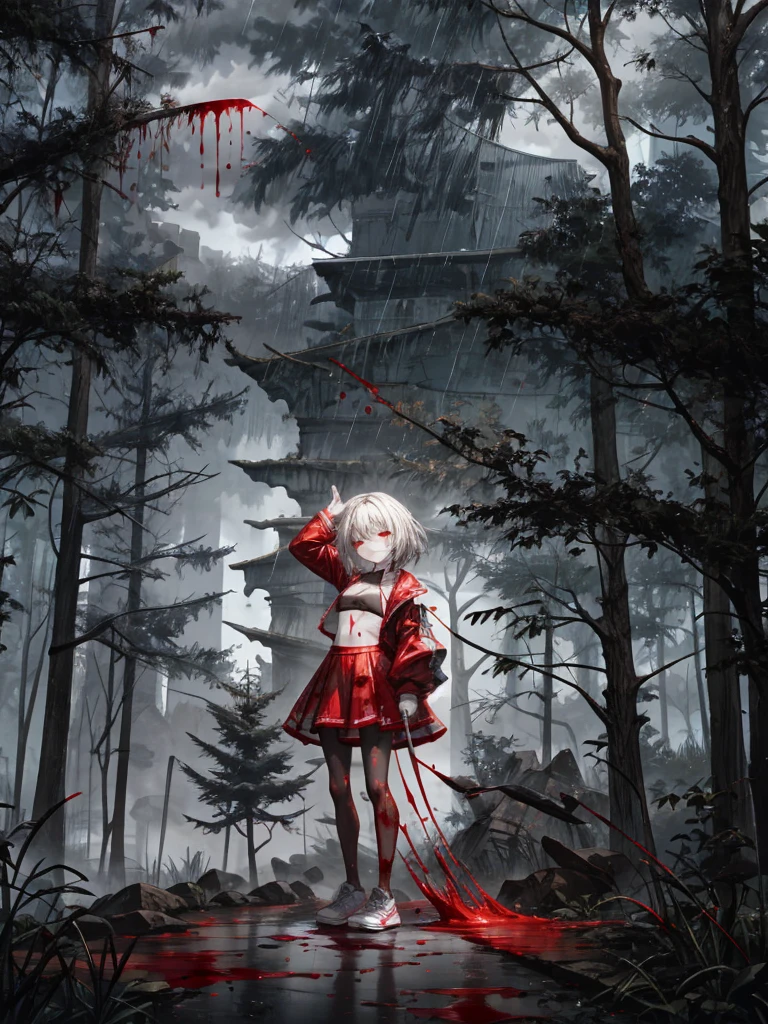 loli, perfect face, scared, aroused, pale skin, long silver hair, crop top, pink pantyhose, sneakers, (camel toe:0.3), extra small breasts, full body, Hand Behind Head Pose, blood-soaked clothes, blood on face, blood splattered, bloody mess. Forest, flowers, shadowy trees, scary trees. The overall atmosphere is night eerie and somber, bad weather, dark clouds, heavy rain, crimson raindrops. Night lighting, cool tones, blue hue, (absurdres:1.3), (saturation:0.2), (highlight:0.3), (brightness:0.3) detailed background, hd quality, ultra_detailed, highres, masterpiece, best quality,