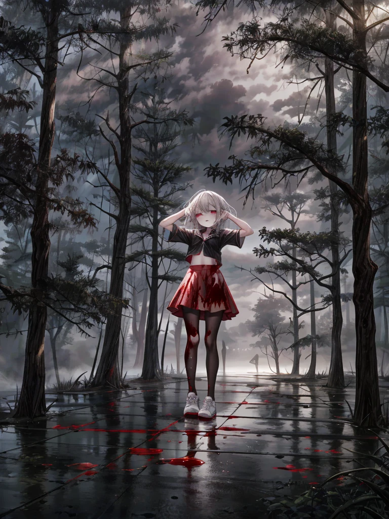 loli, perfect face, scared, aroused, pale skin, long silver hair, crop top, pink pantyhose, sneakers, (camel toe:0.3), extra small breasts, full body, Hand Behind Head Pose, blood-soaked clothes, blood on face, blood splattered, bloody mess. Forest, flowers, shadowy trees, scary trees. The overall atmosphere is night eerie and somber, bad weather, dark clouds, heavy rain, crimson raindrops. Night lighting, cool tones, blue hue, (absurdres:1.3), (saturation:0.2), (highlight:0.3), (brightness:0.3) detailed background, hd quality, ultra_detailed, highres, masterpiece, best quality,