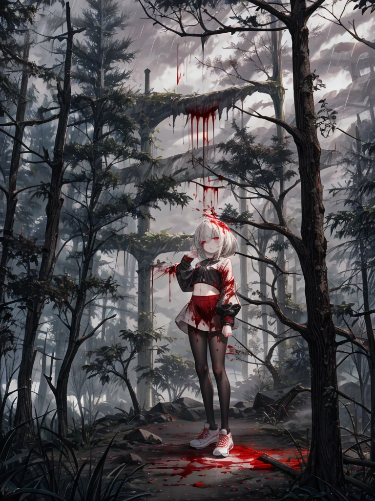 ****, perfect face, scared, aroused, pale skin, long silver hair, crop top, pink pantyhose, sneakers, (camel toe:0.3), extra small breasts, full body, Hand Behind Head Pose, blood-soaked clothes, blood on face, blood splattered, bloody mess. Forest, flowers, shadowy trees, scary trees. The overall atmosphere is night eerie and somber, bad weather, dark clouds, heavy rain, crimson raindrops. Night lighting, cool tones, blue hue, (absurdres:1.3), (saturation:0.2), (highlight:0.3), (brightness:0.3) detailed background, hd quality, ultra_detailed, highres, masterpiece, best quality,