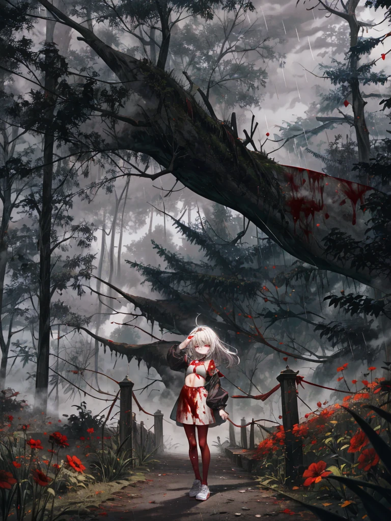 loli, perfect face, scared, aroused, pale skin, long silver hair, crop top, pink pantyhose, sneakers, (camel toe:0.3), extra small breasts, full body, Hand Behind Head Pose, blood-soaked clothes, blood on face, blood splattered, bloody mess. Forest, flowers, shadowy trees, scary trees. The overall atmosphere is night eerie and somber, bad weather, dark clouds, heavy rain, crimson raindrops. Night lighting, cool tones, blue hue, (absurdres:1.3), (saturation:0.2), (highlight:0.3), (brightness:0.3) detailed background, hd quality, ultra_detailed, highres, masterpiece, best quality,