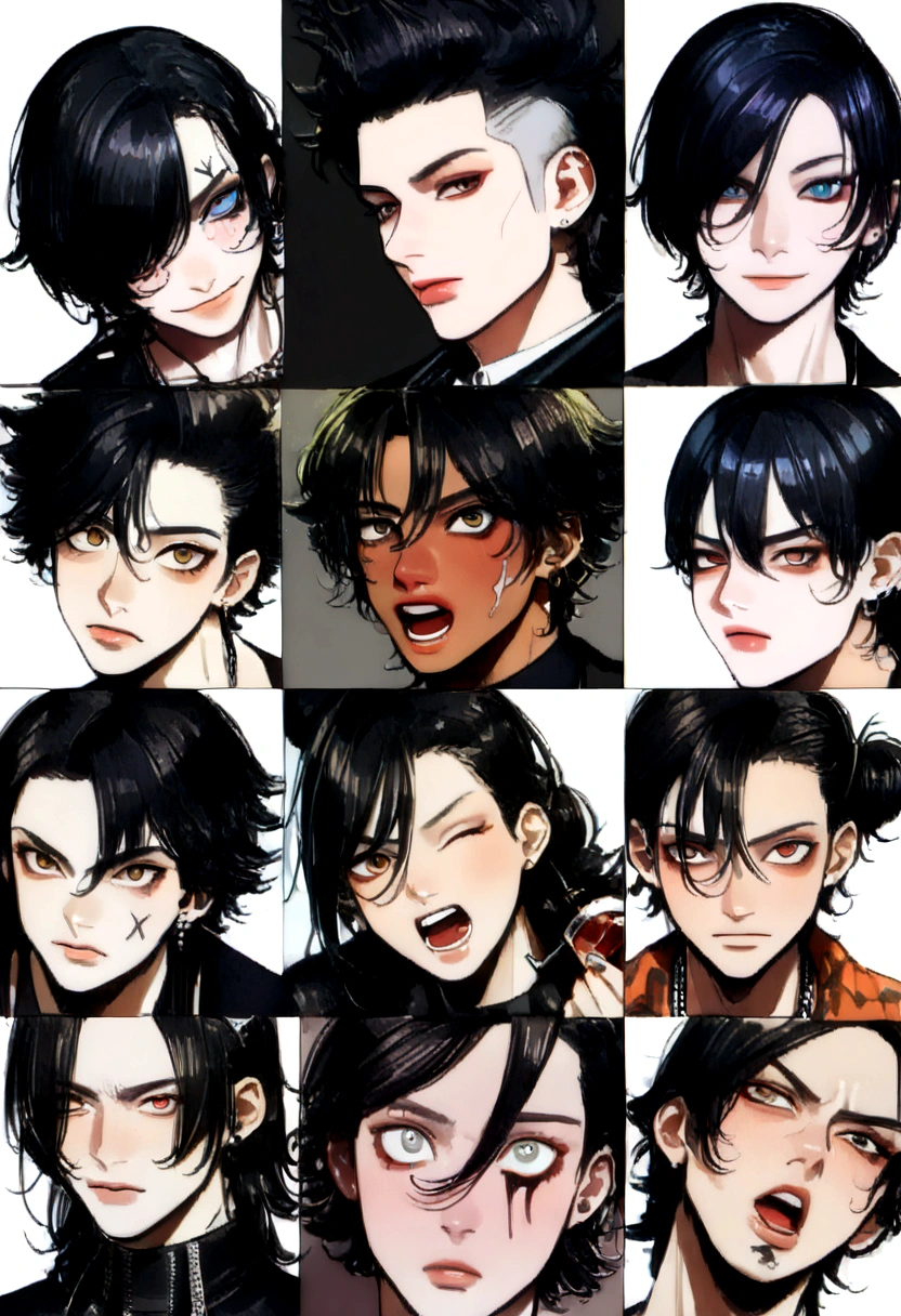 Demonio adolescente masculino con cabello negro, ojos blancos, Alas negras, Cola y cuernos, Conjunto de punk-rock, Fondo de fuego, Average Facial Expression, realista,, ((perfect face, ((male face)), (fantastic:1, 5), (best quality :1.5),((whole body:1.9))