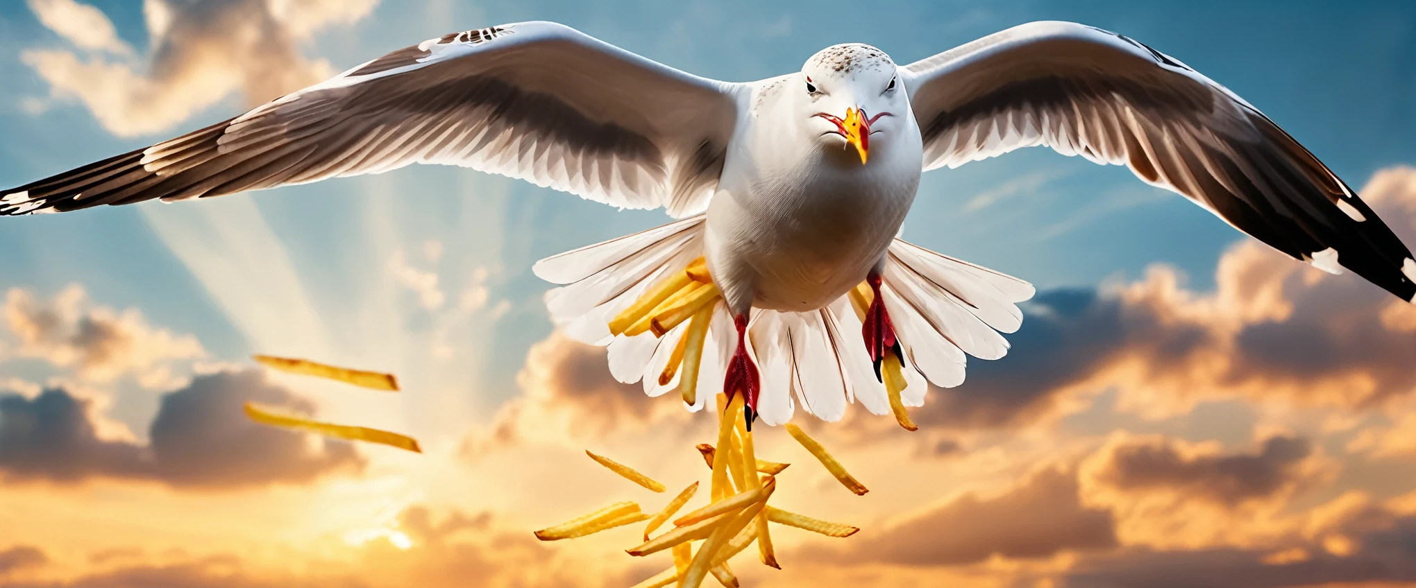 A seagull carrying french fries on its back, flying through the sky, intricate detailed feathers, realistic photorealistic, 8k, hyper detailed, cinematic lighting, vibrant colors, dramatic composition, stunning natural scenery, golden hour lighting, dramatic clouds, soft focus, highly detailed background