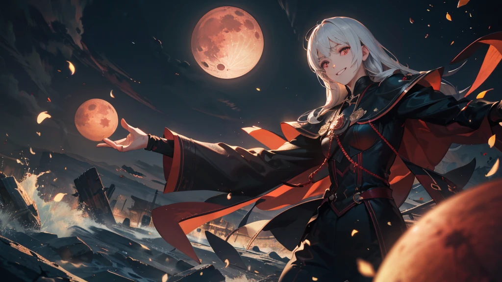 vampire,Dexterous posture,alone,colorful,blood red moon,magic,inflammation,smile,Dynamic pose,Red colored eyes,The light shines,masterpiece,high quality,Depth of written boundary,Storytelling Images,Cinema Lenses