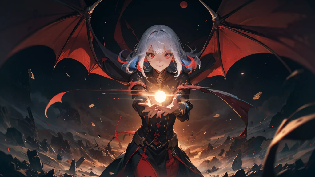 vampire,Dexterous posture,alone,colorful,blood red moon,magic,inflammation,smile,Dynamic pose,Red colored eyes,The light shines,masterpiece,high quality,Depth of written boundary,Storytelling Images,Cinema Lenses