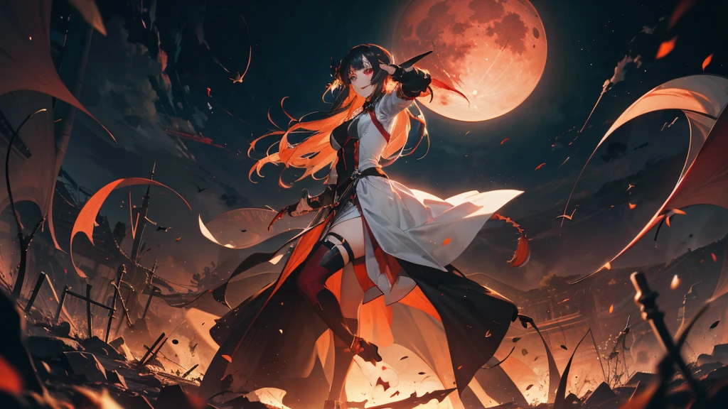 vampire,Dexterous posture,alone,colorful,blood red moon,magic,inflammation,smile,Dynamic pose,Red colored eyes,The light shines,masterpiece,high quality,Depth of written boundary,Storytelling Images,Cinema Lenses