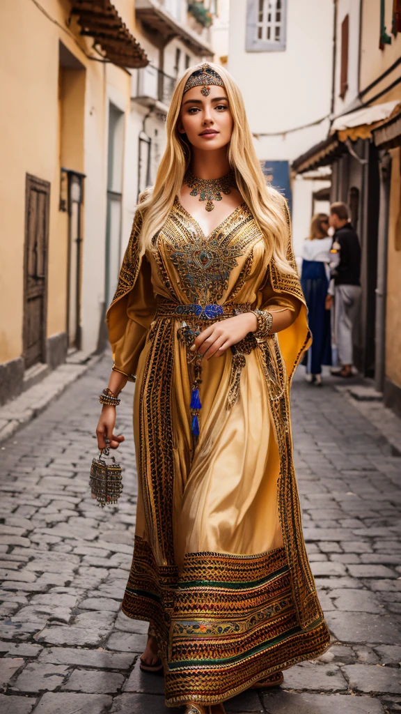Most beautiful german blonde lady, wearing kabyle robe, kabyledress, amazigh, berber, kabyleoitfits, bijoux, street background, realistic,4k, professional