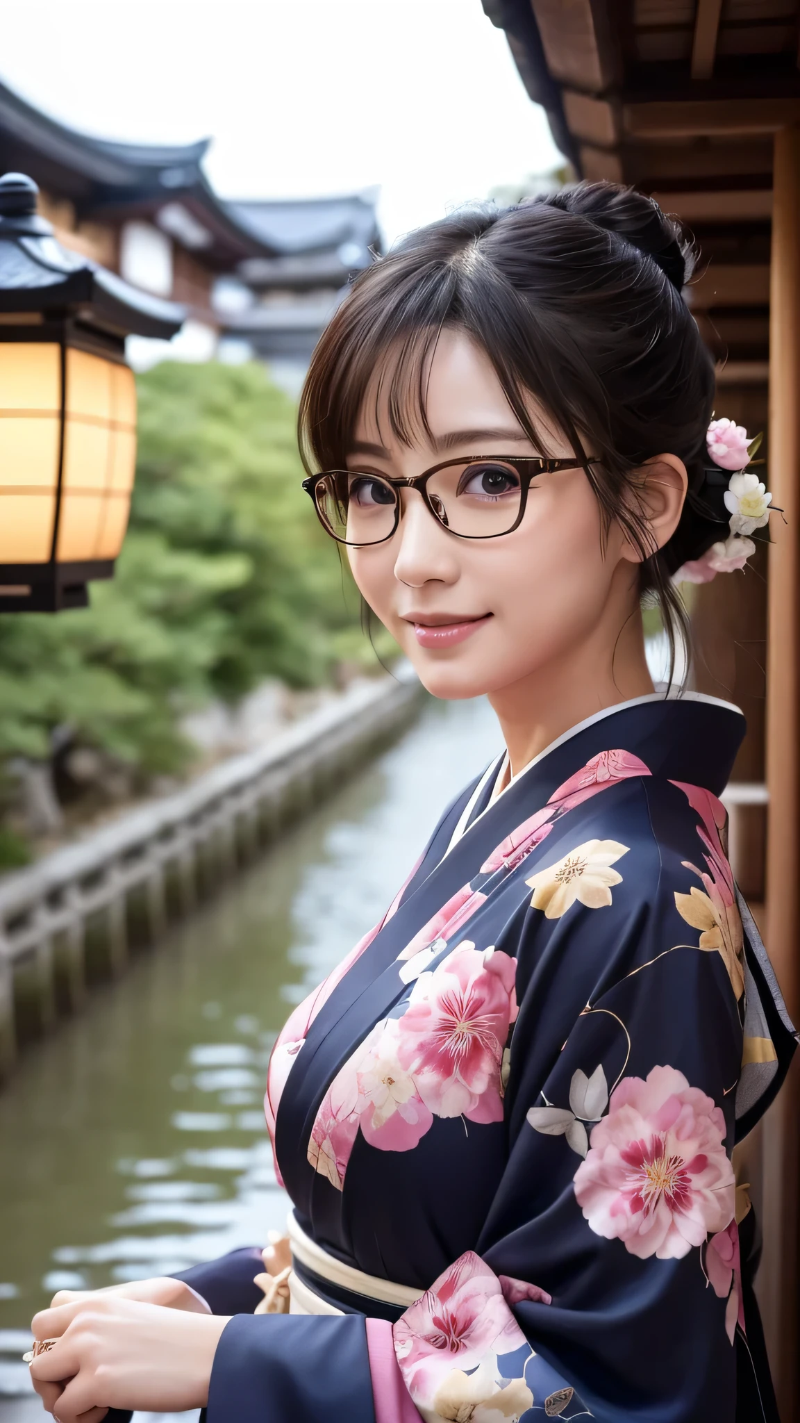 (Super beautiful woman in kimono)、((highest quality、8K masterpiece:1.3))、sharp focus:1.2、(super beautiful face:1.0)、(shiny skin:1.0)、realistic pictures、black hair、video lighting、High resolution eyes and face、video lighting、japanese actress、from the front、big breasts、with a happy smile、Slender abs beauty、whole body、wearing a kimono、in Kyoto、(((luxury obi)))、In Kyoto at night、wearing glasses with no edge、Brush your hair up with your fingers.