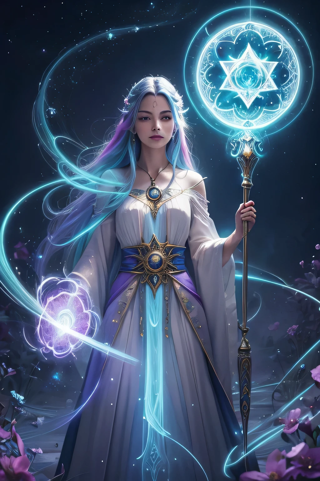An ethereal wizard, radiating celestial energy from their staff, stands bathed in multicolored light. The wizard's serene expression contrasts with the vibrant hues illuminating the scene, creating a mesmerizing image that combines beauty and mystique. Whether a digital painting or a photograph, the masterful depiction captures the essence of magic and grace in a truly enchanting way.