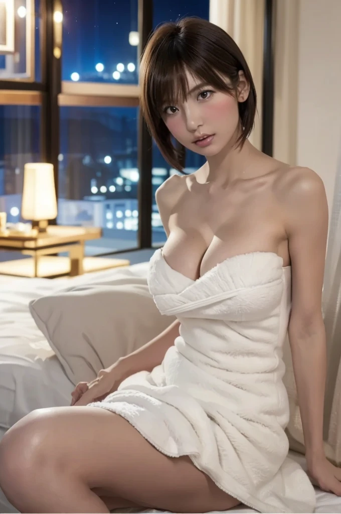 masterpiece,extremely detailed,CG,unity,8, wallpaper,best quality,realistic,photo-realistic,RAW photo,artistc,finely detail,award winning photo,Grand Prix Award photo,professional lighting,Miss Contest winner,cowboy shot,1lady,short hair,adultery, (white big size towel dress strapless),sitting on the bed,luxury bedroom,cleavage,breast squeeze,(beautiful night view)),hot,blush,seductive posture,prunk,sexy,angle from below