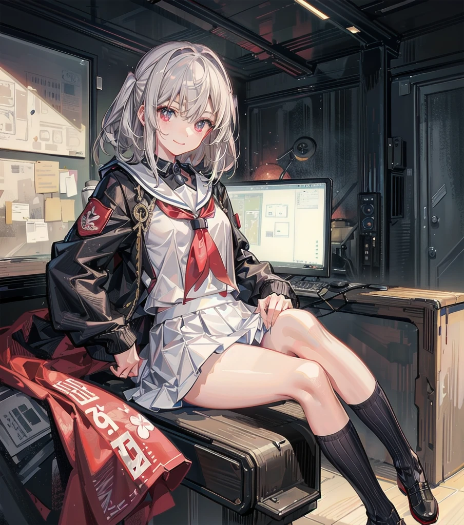 (extremely details CG、8K Wallpapers)、(extremely delicate and beautiful)、(​masterpiece)、(top-quality:1.0)、(超A high resolution:1.0)、beautiful  lighting、perfect lightning bolt、realistic shadow、[hight resolution]、Detailed skin、ultra-detailliert、detailed faces and eyes、Realistic eyes、Sharp pupils、Colossal tits、cowboy  shot, Inside the classroom、Schools、Evening glow、beauitful face、blurry backround、16-year-old beautiful girl、shinny skin、Side Up、Beautiful black hair、Blunt bangs、Red Eye、(Katyusha:1.2)、a sailor suit、Pleated miniskirt、Curve、Sitting on a desk、(Opening legs、You can see light panties.:1.2)、Gentle smile、
