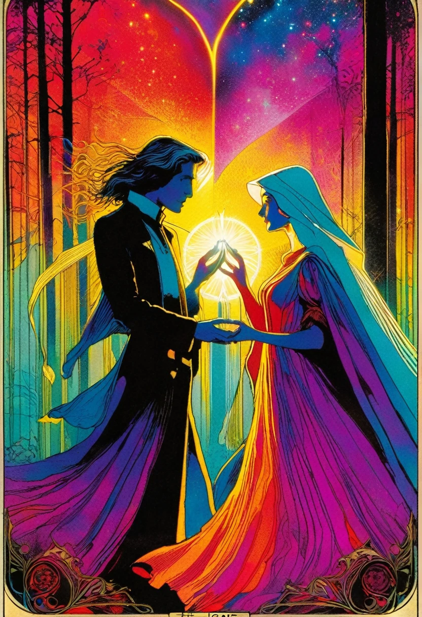 tarot card, a card, card : "THE LOVERS", tarot card frame,vivid colors (art inspired by Bill Sienkiewicz).
