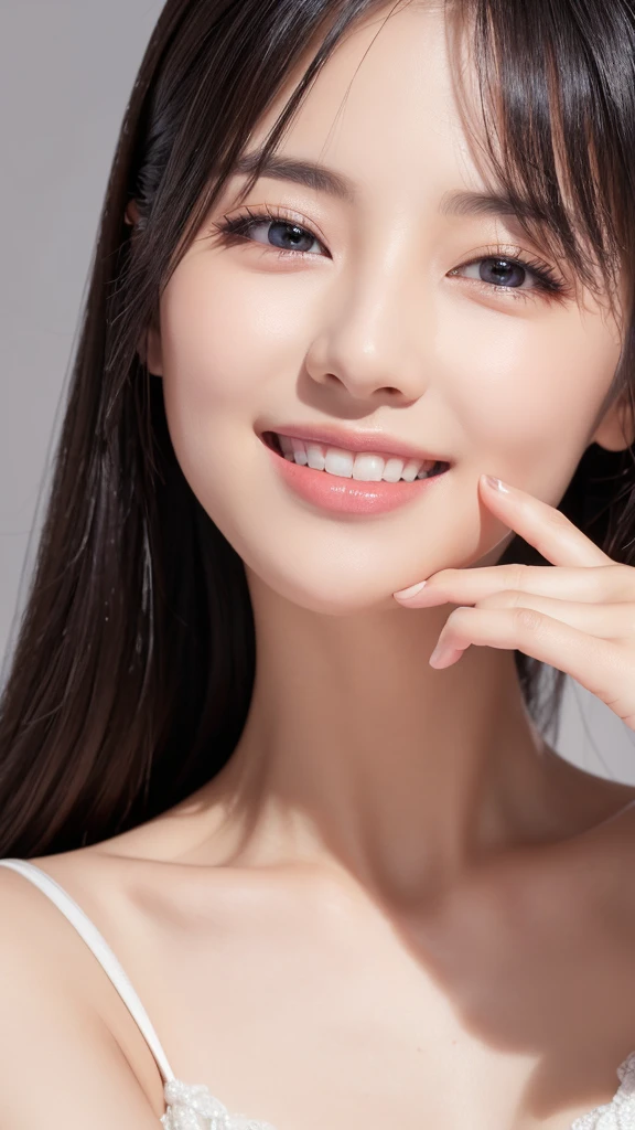 (Super beautiful woman)、((highest quality、8K masterpiece:1.3))、sharp focus:1.2、(super beautiful face:1.0)、(shiny skin:1.0)、realistic pictures、black hair、video lighting、High resolution eyes and face、video lighting、japanese actress、from the front、with a happy smile、whole body、Brush your hair up with your fingers.