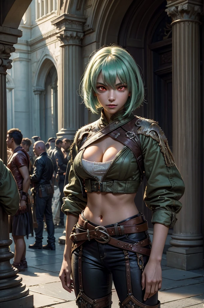 emeraldsustrai, emerald sustrai, short hair, (red eyes:1.5), green hair, dark skin, dark-skinned female, BREAK navel, cleavage, midriff, belt, cleavage cutout, chaps, hands on hips, BREAK outside palace, floor, marble pillars, tall stained glass windows, BREAK courtyard, large crowd, (((crowd in military dress))), (volumetric lighting), intricate details, tonemapping, sharp focus, hyper detailed, (cowboy shot:1.5), BREAK (masterpiece:1.2), best quality, high resolution, unity 8k wallpaper, (illustration:0.8), (beautiful detailed eyes:1.6), extremely detailed face, perfect lighting, extremely detailed CG, (perfect hands, perfect anatomy),