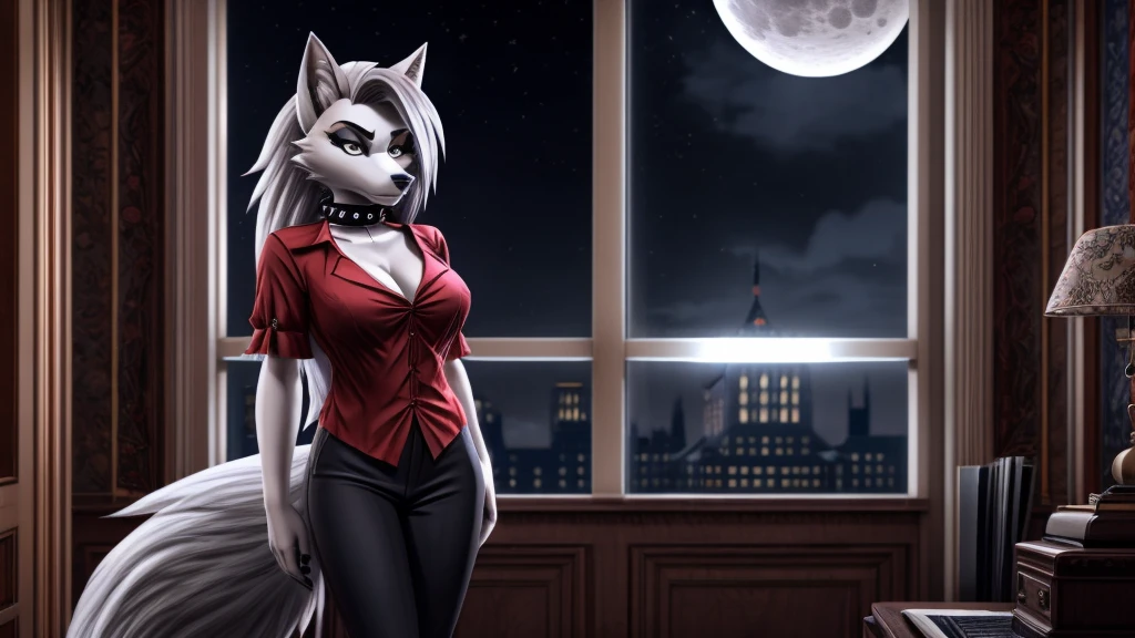 Loona from Helluva Boss, white female wolf, white hair, grey hair, mature adult, red blouse, black pants, inside a office, mansion, moon collar, standing, cold stare, detailed, solo, beautiful, high quality, 4K