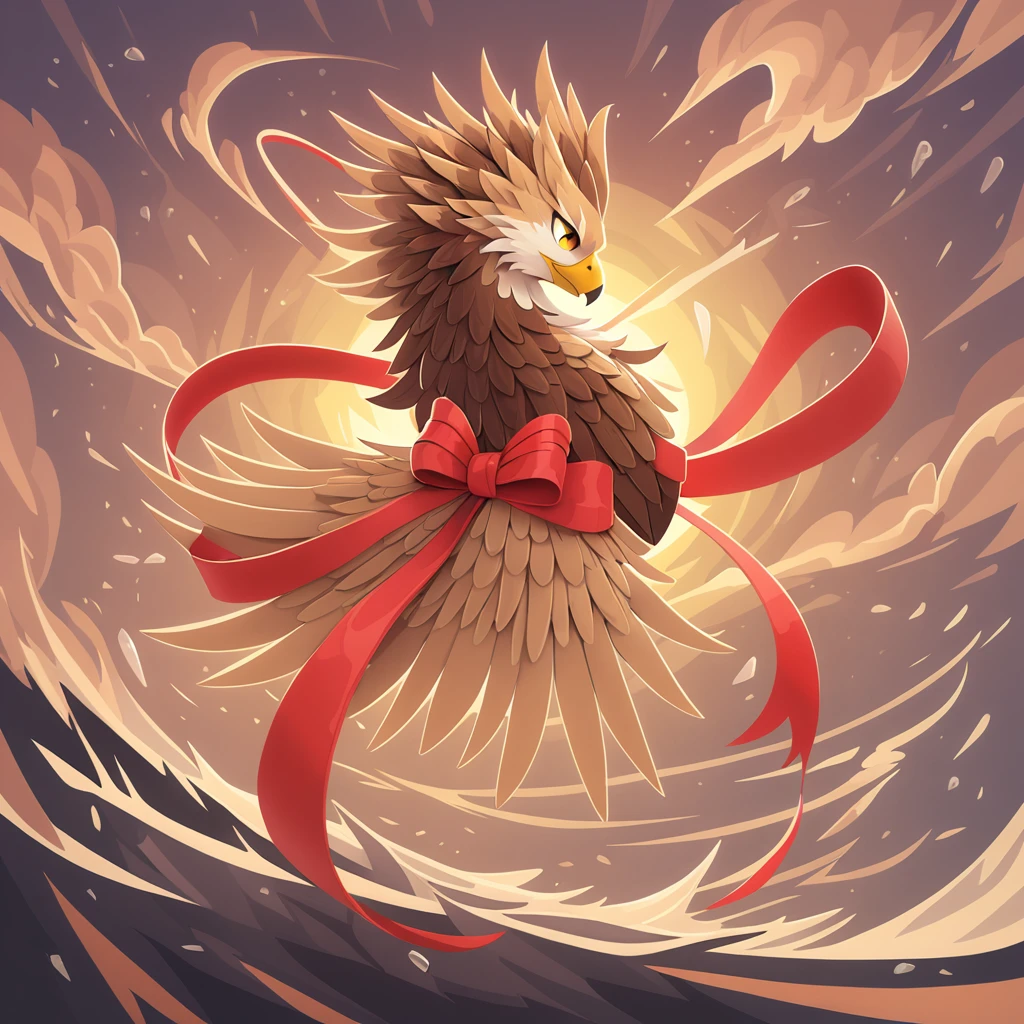 Giant hawk in the sky brown and tan feathers with a long flowing ribbon-like crest of red and yellow flying in a hurricane or is it causing the storm?, in card art style