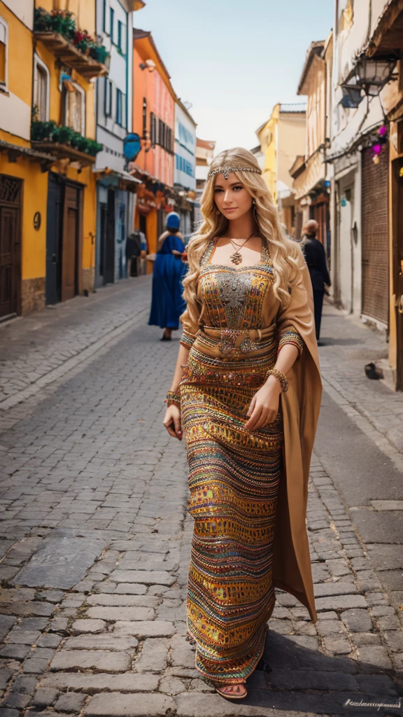 Most beautiful german blonde lady, wearing kabyle robe, kabyledress, amazigh, berber, kabyleoitfits, bijoux, street background, realistic,4k, professional