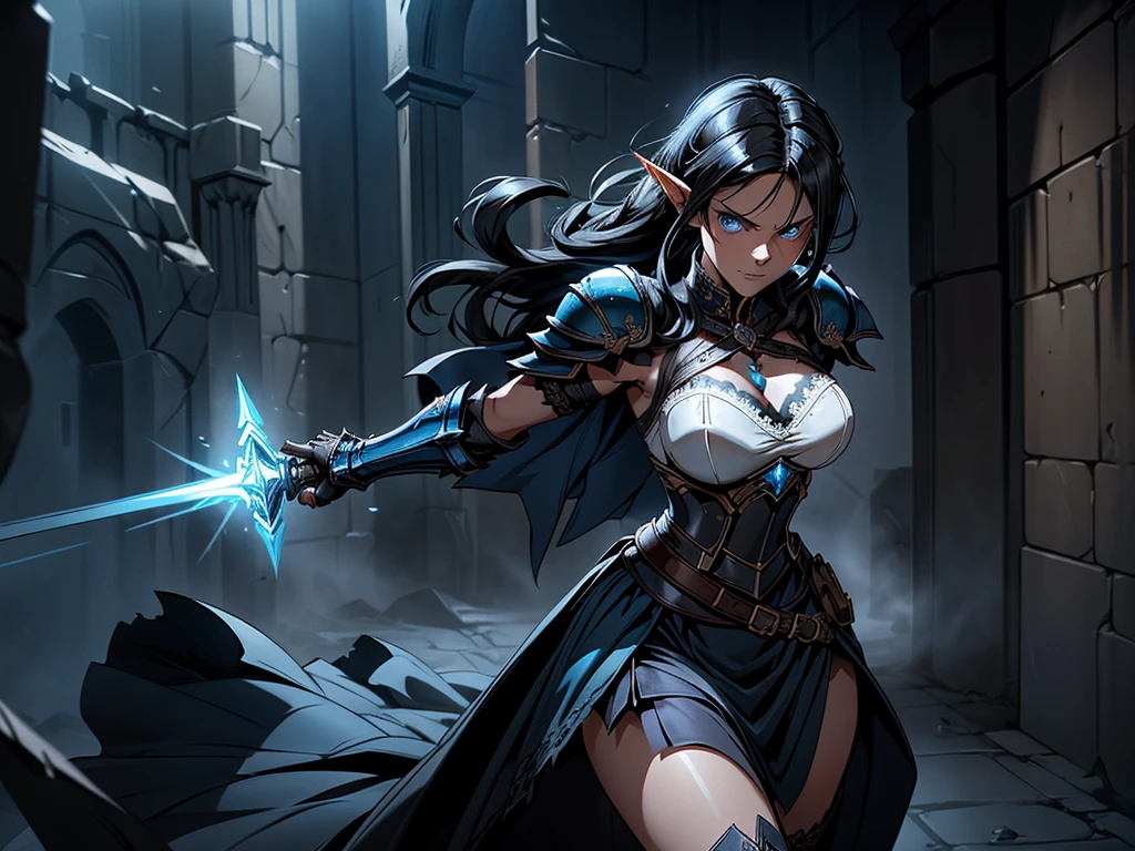 illustration of a resolute female elf with black hair intense blue eyes and a square jaw, running through a dungeon. She wears a striking armor chest plate, contrasting a billowing blue skirt with white lace details. She explores a dark dungeon carrying a mace. Dramatic shadows accentuate her commanding presence. torn dress, damaged armor.
