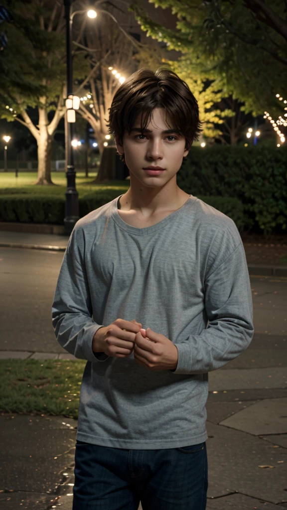 ultra high res.photorealistic:.1.4,UHD, beautiful boy, in the park, night, Distracted 