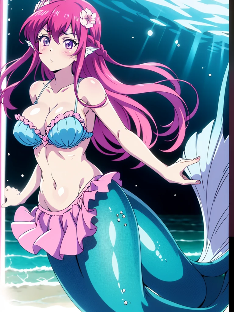 Mermaid, long mermaid tail below waistline, fins ears, red fish scales on skin, underwater, gigantic breasts, bra, 1girl, solo, long hair, blush, hair ornament, hair between eyes, purple eyes, pink hair, braid, hair flower, cute, looking at viewer,