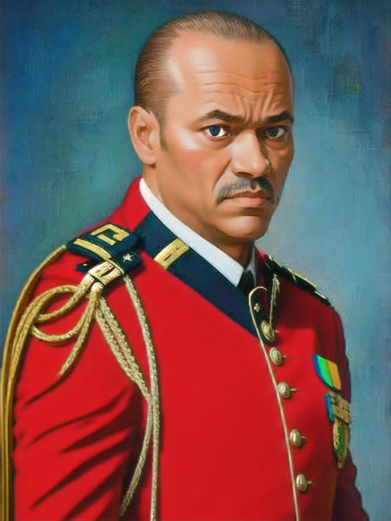 Detailed and realistic portrait of angry General Oligui, vieux,en tenue militaire, with many medals, soft, dim light, 8k
