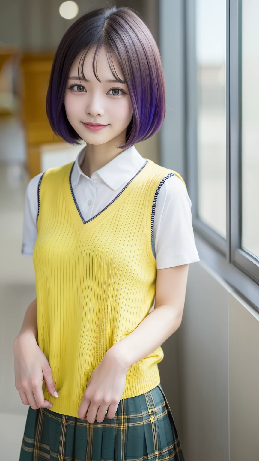 harunasairenji, haruna sairenji, hair ornament, hairclip, purple hair, short hair, swept bangs, (forehead:1.2),
BREAK green skirt, plaid, plaid skirt, sainan high , , skirt, sweater vest, (yellow sweater:1.3), short sleeves,
BREAK indoors, classroom,
BREAK looking at viewer, (cowboy shot:1.5),(smile:1.4)
BREAK (masterpiece:1.2), best quality, high resolution, unity 8k wallpaper,(hairpin:1.4)