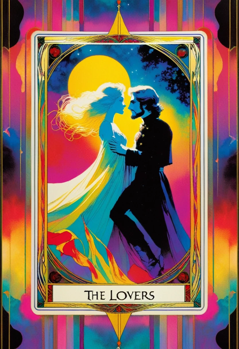 tarot card, a card, card : "THE LOVERS", tarot card frame,vivid colors (art inspired by Bill Sienkiewicz). text: THE LOVERS
