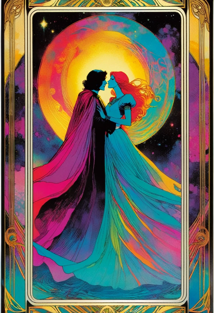 tarot card, a card, card : "THE LOVERS", tarot card frame,vivid colors (art inspired by Bill Sienkiewicz). text: THE LOVERS
