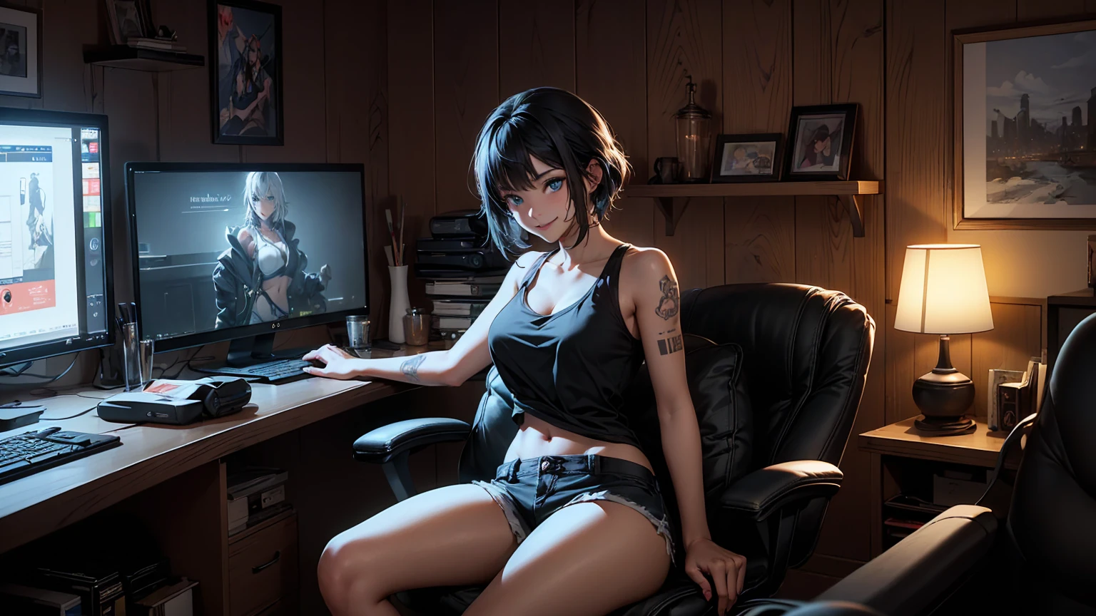 Create a high-quality, detailed image of a beautiful, sexy anime lofi girl with short, punk-like hair, bright blue eyes, and a smile, sitting at her gaming PC in a cozy lounge. She has tattoos and wears a tank top and shorts, showing her shoulder and midriff, highlighting her stunning curves and toned body. The warm, inviting scene includes soft ambient lighting, comfortable seating, and a high-end PC setup with multiple monitors and RGB lighting. The setting is illuminated by a small lamp, creating a serene and intimate atmosphere (HIGH QUALITY)