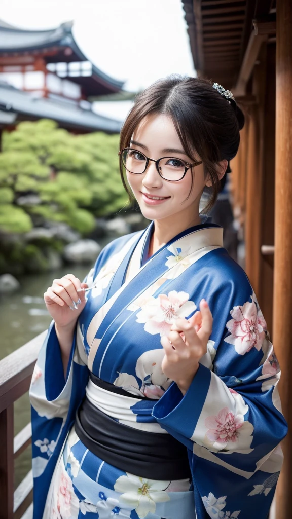 (Super beautiful woman in kimono)、((highest quality、8K masterpiece:1.3))、sharp focus:1.2、(super beautiful face:1.0)、(shiny skin:1.0)、realistic pictures、black hair、video lighting、High resolution eyes and face、video lighting、japanese actress、from the front、big breasts、with a happy smile、Slender abs beauty、whole body、wearing a kimono、in Kyoto、(((luxury obi)))、In Kyoto at night、wearing glasses with no edge、Brush your hair up with your fingers.