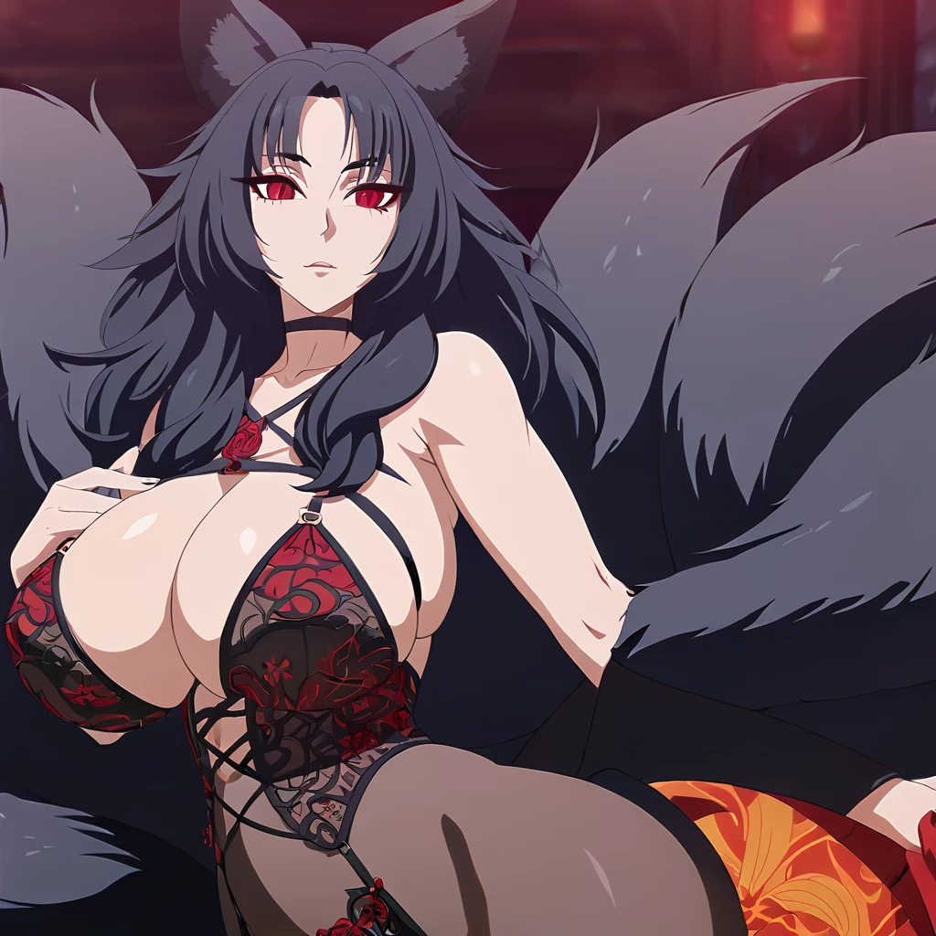 a beautiful detailed black kitsune girl, long black kitsune ears, multiple black kitsune tails, red and black lingerie, 8k, anime style, red eyes, big breasts, extremely detailed eyes and face, ultra-detailed, 4k, high quality, vibrant colors, long black hair, mature woman, wide waist