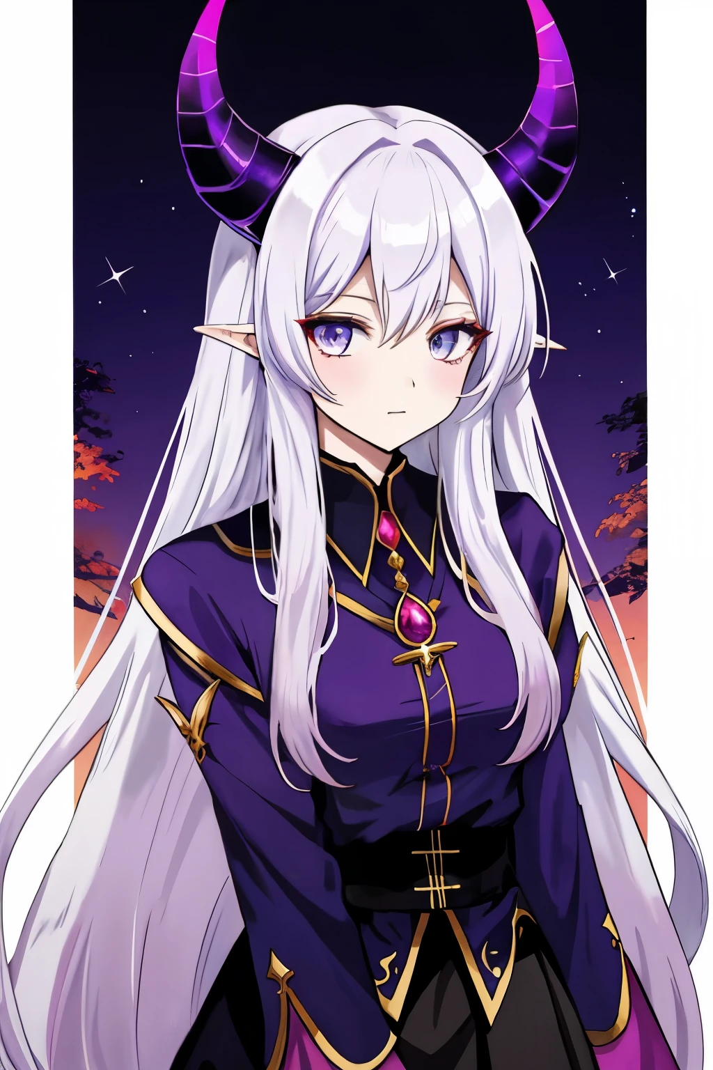 anime female demon warlock with long white hair, blue and amber eyes, light purple skin, and demon horns