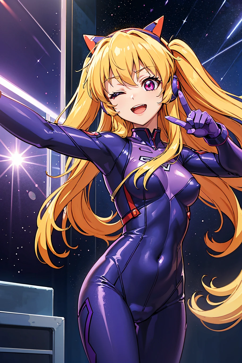 (Overlooking figure),dynamic angle,Super detailed, figure, close, straight, 1 girl, 
 ((Soryu Asuka Langley, interface headset, look at the audience、Purple Hero Suit、Purple bodysuit、Tight suit、(nffsw :1.0), Purple Ultraman Bodysuit, blonde)),Her eyes shone like dream-like stars,(shining eyes:1.233),(beautiful and detailed eyes:1.1),(No expression),(Are standing), the last spell（prompt）
(masterpiece, highest quality, ultra high resolution, perfect anatomy, very detailed),
break,
1 girl,
14 years old,
red eyes,
twin tails,
blonde hair,
big ribbon in hair,
Idol Costumes,
break,
(Pointing),
(full face),
One eye closed,
(open your mouth),
Glowing Eyes,
smile,
stage lighting,
(In a white spaceship、Mechanic room with tools and spaceship window),
(night:1.2),dream-like, [[delicate fingers and hands:0.55]::0.85],(finger details),