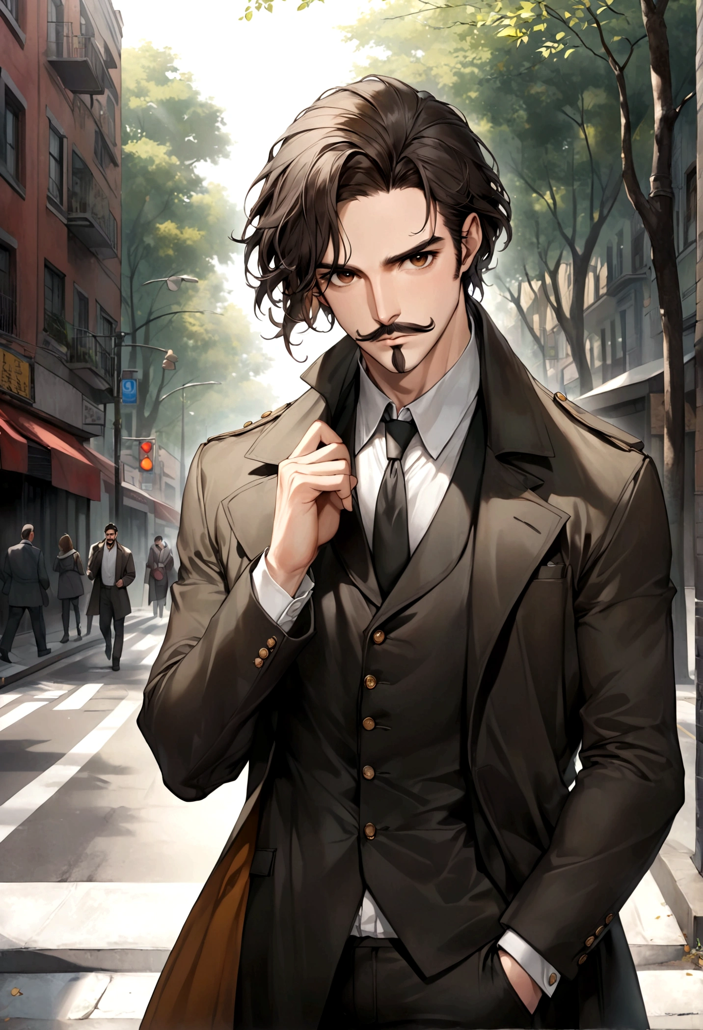 (una playera blanca con una coat, jacket de piel color negro para hombre), ), ((bigote estilo Van Dyke y (barba de chivo) "Van Dyke", Van Dyke beard)), (light brown eyes), Aspecto atractivo y serio, ((cabello muy largo oscuro, messy hair)), Elegante y con estilo, chamarra de piel negro, Un hombre maduro similar al actor Jim Morrison con el cabello largo, ((cabello muy largo)), (Imagen realista y de alta calidad), en la calle estilo urbano, un bosque al rededor, ((La mejor calidad, 8K, obra maestra).((dynamic pose with forward gaze, viendo al espectador)), (cabello largo pasando los hombros)