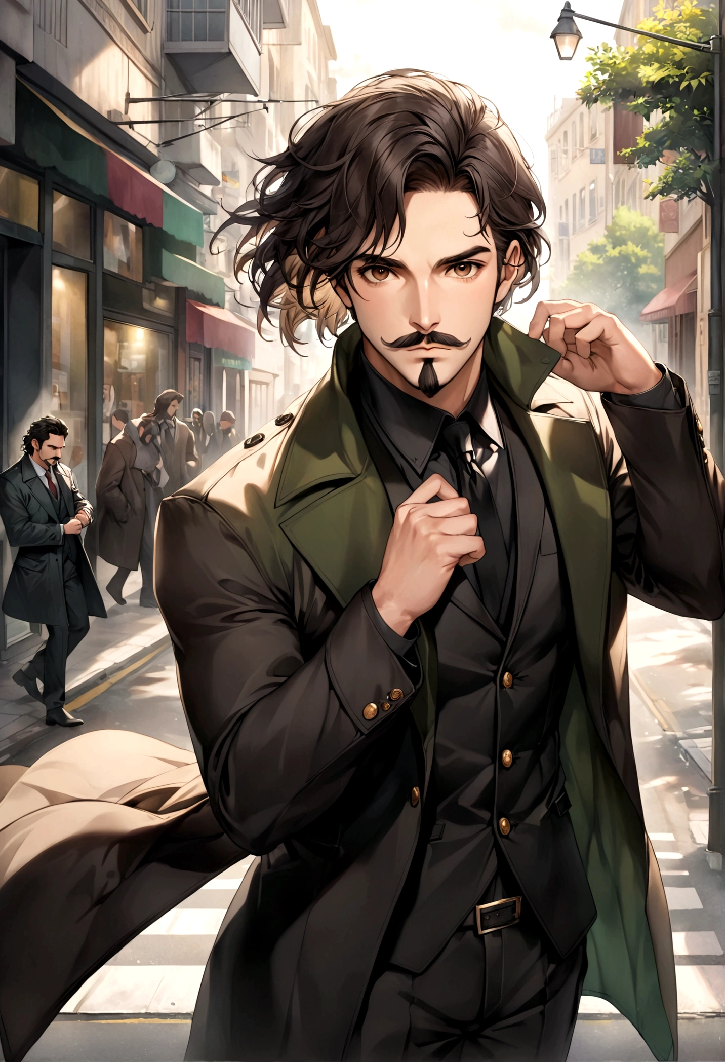 (una playera blanca con una coat, jacket de piel color negro para hombre), ), ((bigote estilo Van Dyke y (barba de chivo) "Van Dyke", Van Dyke beard)), (light brown eyes), Aspecto atractivo y serio, ((cabello muy largo oscuro, messy hair)), Elegante y con estilo, chamarra de piel negro, Un hombre maduro similar al actor Jim Morrison con el cabello largo, ((cabello muy largo)), (Imagen realista y de alta calidad), en la calle estilo urbano, un bosque al rededor, ((La mejor calidad, 8K, obra maestra).((dynamic pose with forward gaze, viendo al espectador)), (cabello largo pasando los hombros)