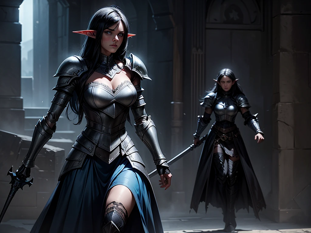 illustration of a resolute female elf with black hair intense blue eyes and a square jaw, running through a dungeon. She wears a striking armor chest plate, contrasting a billowing blue skirt with white lace details. She explores a dark dungeon carrying a mace. Dramatic shadows accentuate her commanding presence. torn dress, damaged armor.