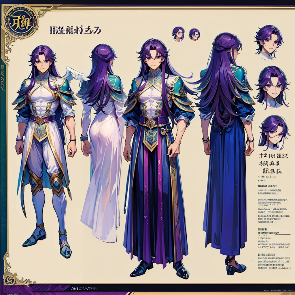 (Masterpiece, best quality), detailed, 1 man, ((character concept art)), ((character design sheet, same character, front, side, back)), full body, body complete, 1 Male, 1 Man, Detailed face, character design sheet,full bodyesbian, Highly detailed, character sheet, character design, Many parts, dark skin, angel wings, long purple hair, angel outfit, muscle male god, male clothes, masculine, muscle man, male muscle, manly, male angel, Muscle male with purple long hair,beautiful man