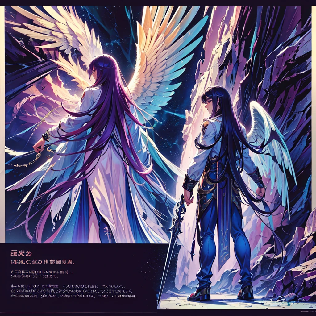 (Masterpiece, best quality), detailed, 1 man, ((character concept art)), ((character design sheet, same character, front, side, back)), full body, body complete, 1 Male, 1 Man, Detailed face, character design sheet,full bodyesbian, Highly detailed, character sheet, character design, Many parts, dark skin, angel wings, long purple hair, angel outfit, muscle male god, male clothes, masculine, muscle man, male muscle, manly, male angel, Muscle male with purple long hair,beautiful man