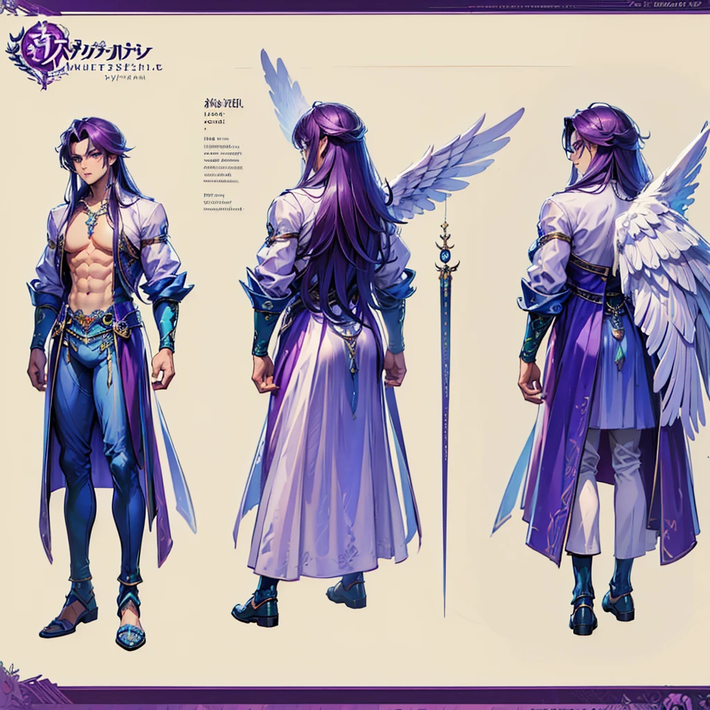 (Masterpiece, best quality), detailed, 1 man, ((character concept art)), ((character design sheet, same character, front, side, back)), full body, body complete, 1 Male, 1 Man, Detailed face, character design sheet，full bodyesbian, Highly detailed, character sheet, character design, Many parts, dark skin, angel wings, long purple hair, angel outfit, muscle male god, male clothes, masculine, muscle man, male muscle, manly, male angel, Muscle male with purple long hair，beautiful man